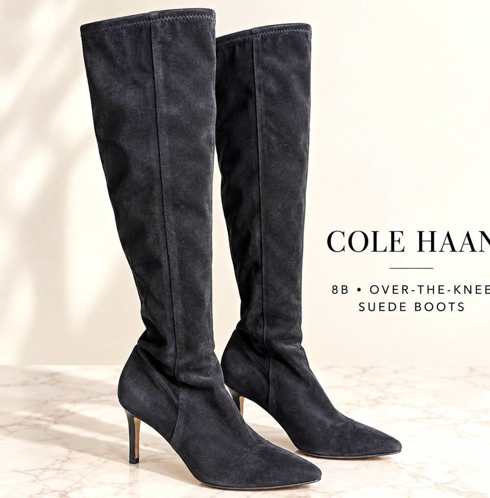 Cole Haan Grand.Os Black Suede Over-the-Knee Boots Pointed Toe Pull On 8B